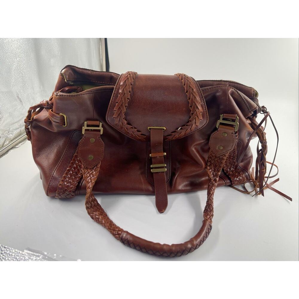Cole Haan Brown Pebbled Leather Hobo Bag Braided Straps Fringe Gold HW Large